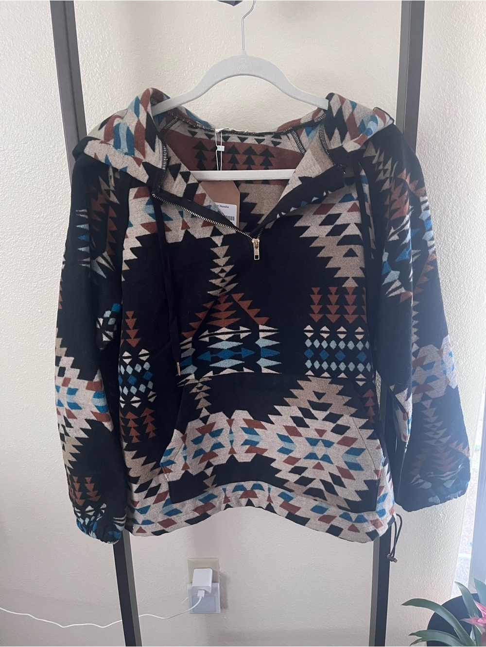 Kori Black Aztec Hoodie with Brown, Blue & Cream Pattern